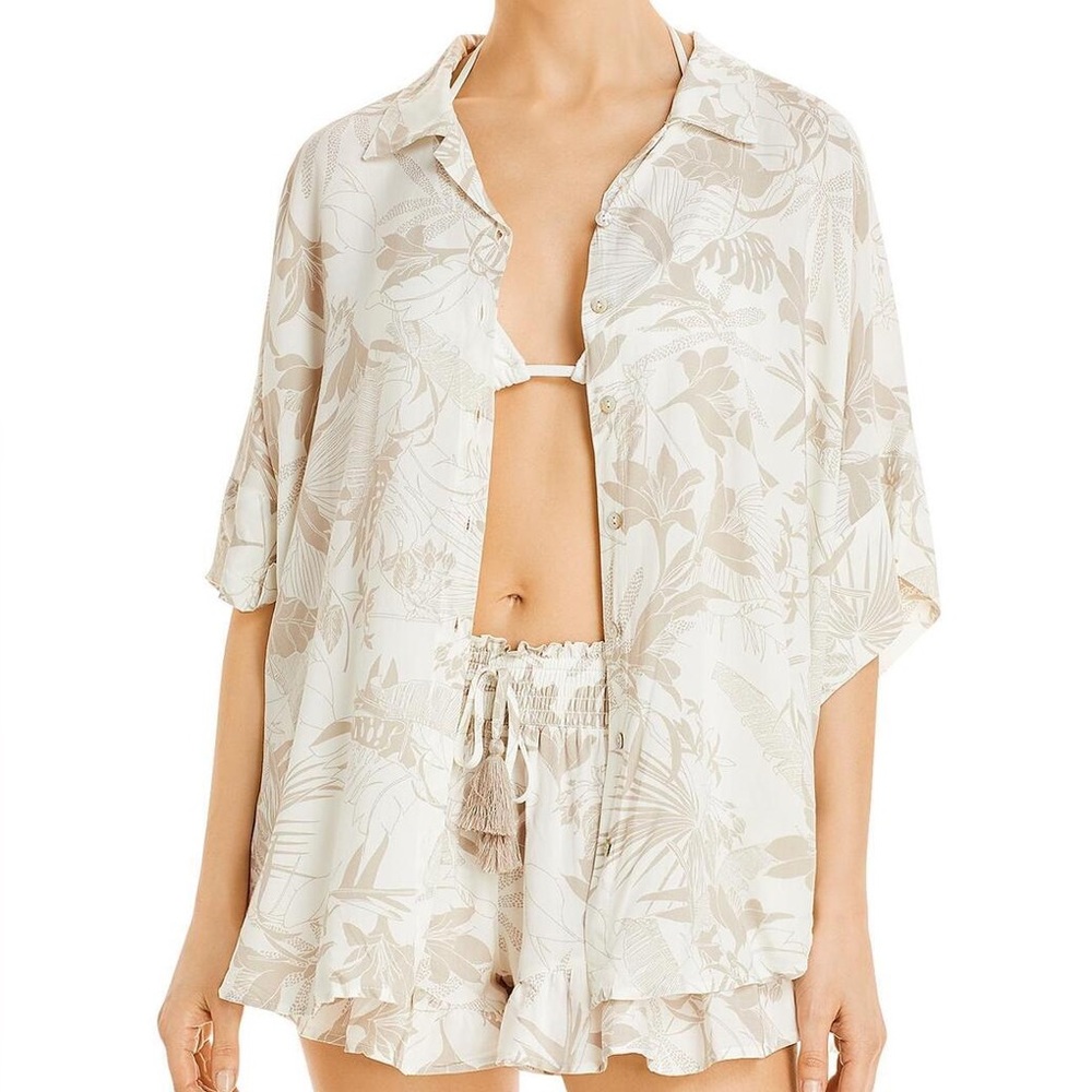Surf Gypsy Tropical Print Oversized Button Down Swim Cover Top Sz S